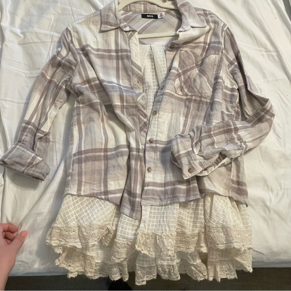 BGD OU button up mixed media flannel with lace detail size small
